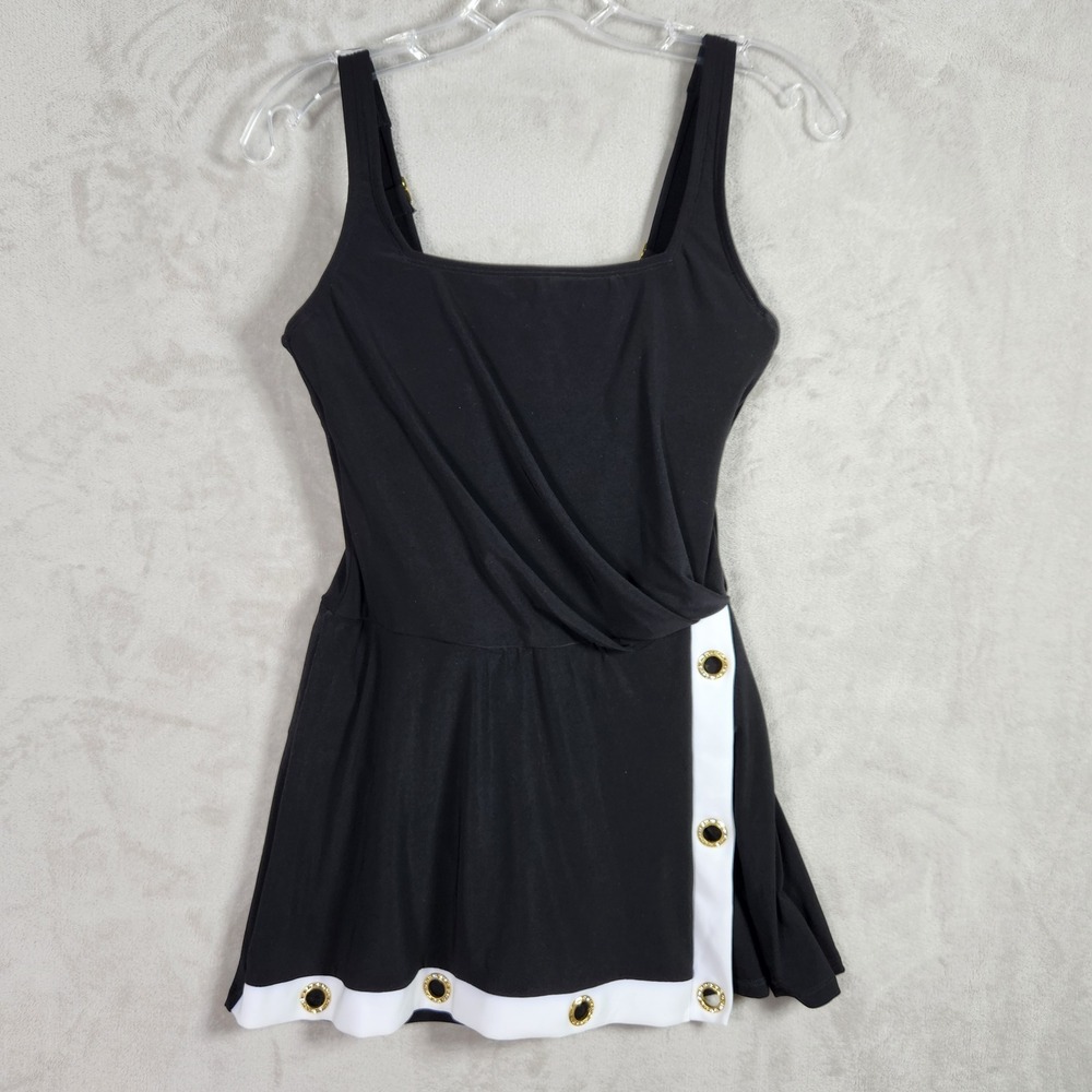 Beyond Control Black Swim Dress Rhinestone Grommet One Piece Swimsuit Size 6 NEW